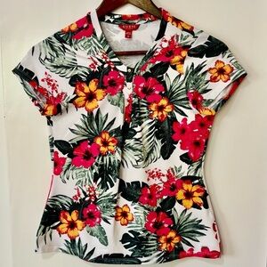 Guess| Floral Tropical Print Stretch Knit V-Neck Cap Sleeve Top Blouse Sz M